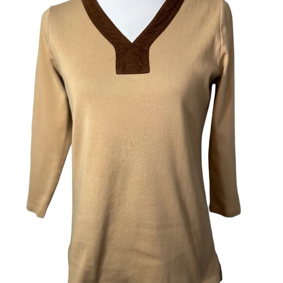 Lauren Ralph Lauren Tan Brown Suede Trim V Neck Long Sleeve top Size Med - Picture 3 of 11